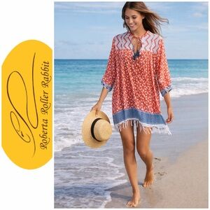 Roberta Roller Rabbit cotton batist bohemian fringed tunic dress, 3/4 sleeve, M